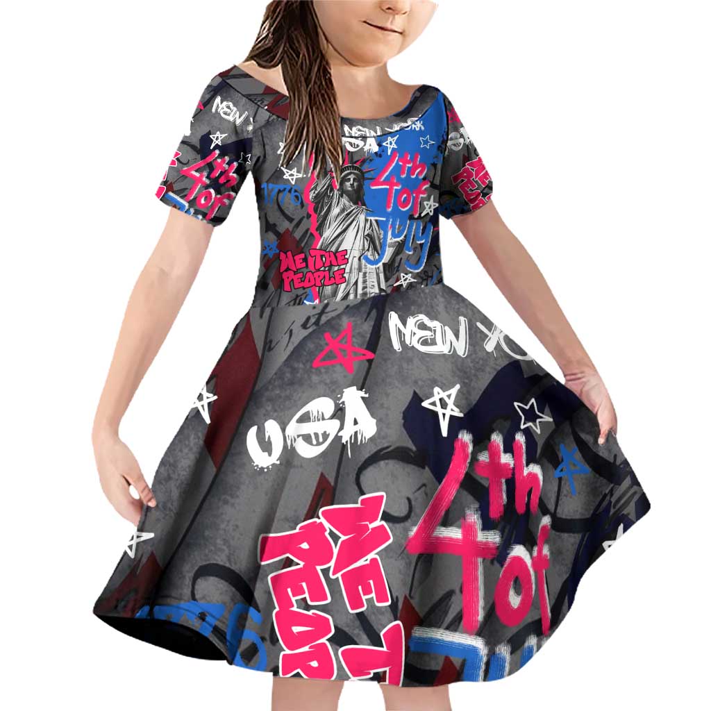 4th of July Graffiti Family Matching Off Shoulder Short Dress and Hawaiian Shirt with Statue of Liberty and American Independence Street Art Design - Wonder Print Shop