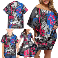 4th of July Graffiti Family Matching Off Shoulder Short Dress and Hawaiian Shirt with Statue of Liberty and American Independence Street Art Design - Wonder Print Shop
