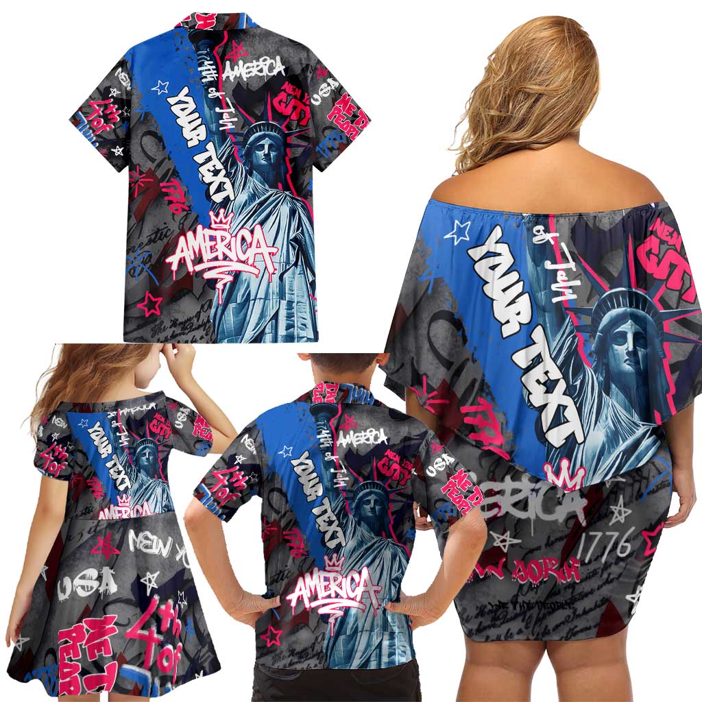 4th of July Graffiti Family Matching Off Shoulder Short Dress and Hawaiian Shirt with Statue of Liberty and American Independence Street Art Design - Wonder Print Shop
