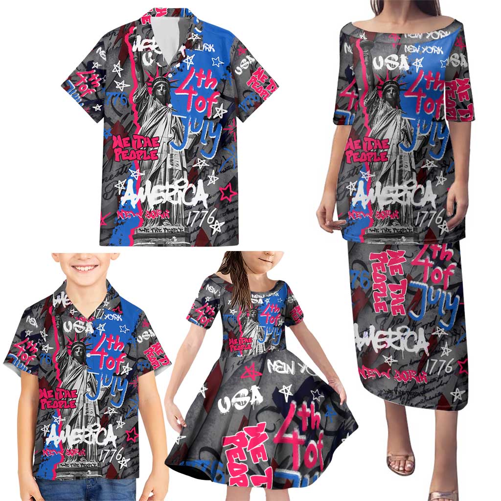 4th of July Graffiti Family Matching Puletasi and Hawaiian Shirt with Statue of Liberty and American Independence Street Art Design - Wonder Print Shop