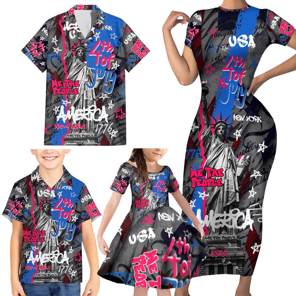 4th of July Graffiti Family Matching Short Sleeve Bodycon Dress and Hawaiian Shirt with Statue of Liberty and American Independence Street Art Design - Wonder Print Shop