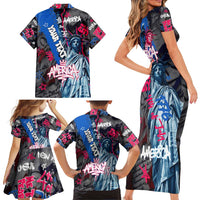 4th of July Graffiti Family Matching Short Sleeve Bodycon Dress and Hawaiian Shirt with Statue of Liberty and American Independence Street Art Design - Wonder Print Shop