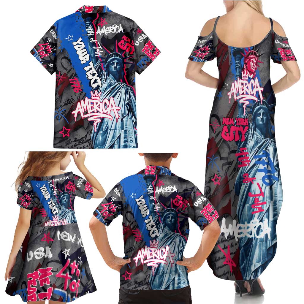 4th of July Graffiti Family Matching Summer Maxi Dress and Hawaiian Shirt with Statue of Liberty and American Independence Street Art Design - Wonder Print Shop