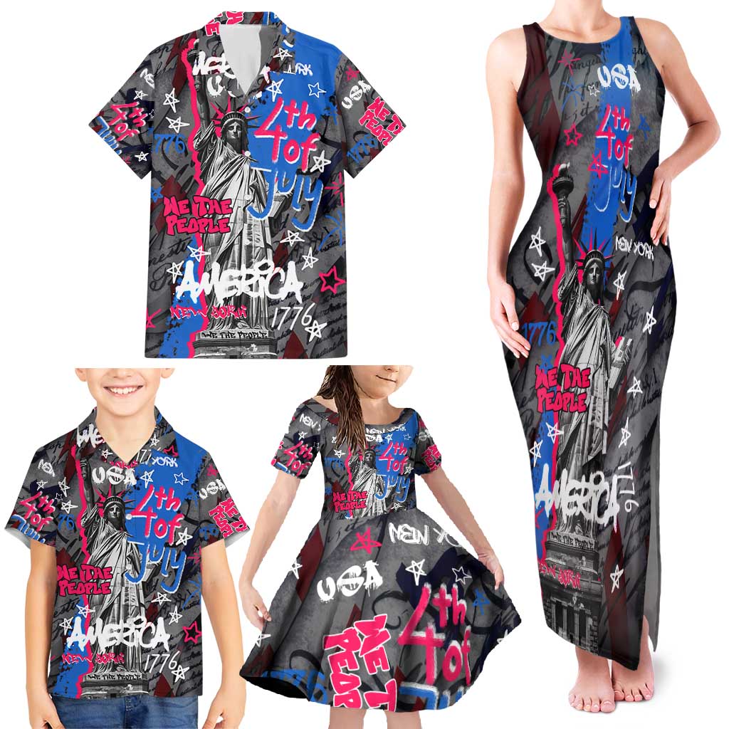 4th of July Graffiti Family Matching Tank Maxi Dress and Hawaiian Shirt with Statue of Liberty and American Independence Street Art Design - Wonder Print Shop