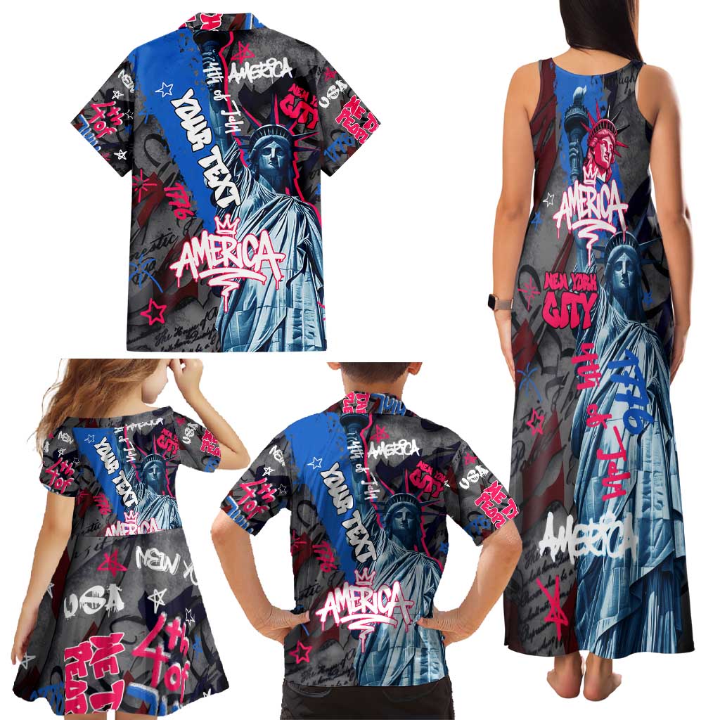 4th of July Graffiti Family Matching Tank Maxi Dress and Hawaiian Shirt with Statue of Liberty and American Independence Street Art Design - Wonder Print Shop