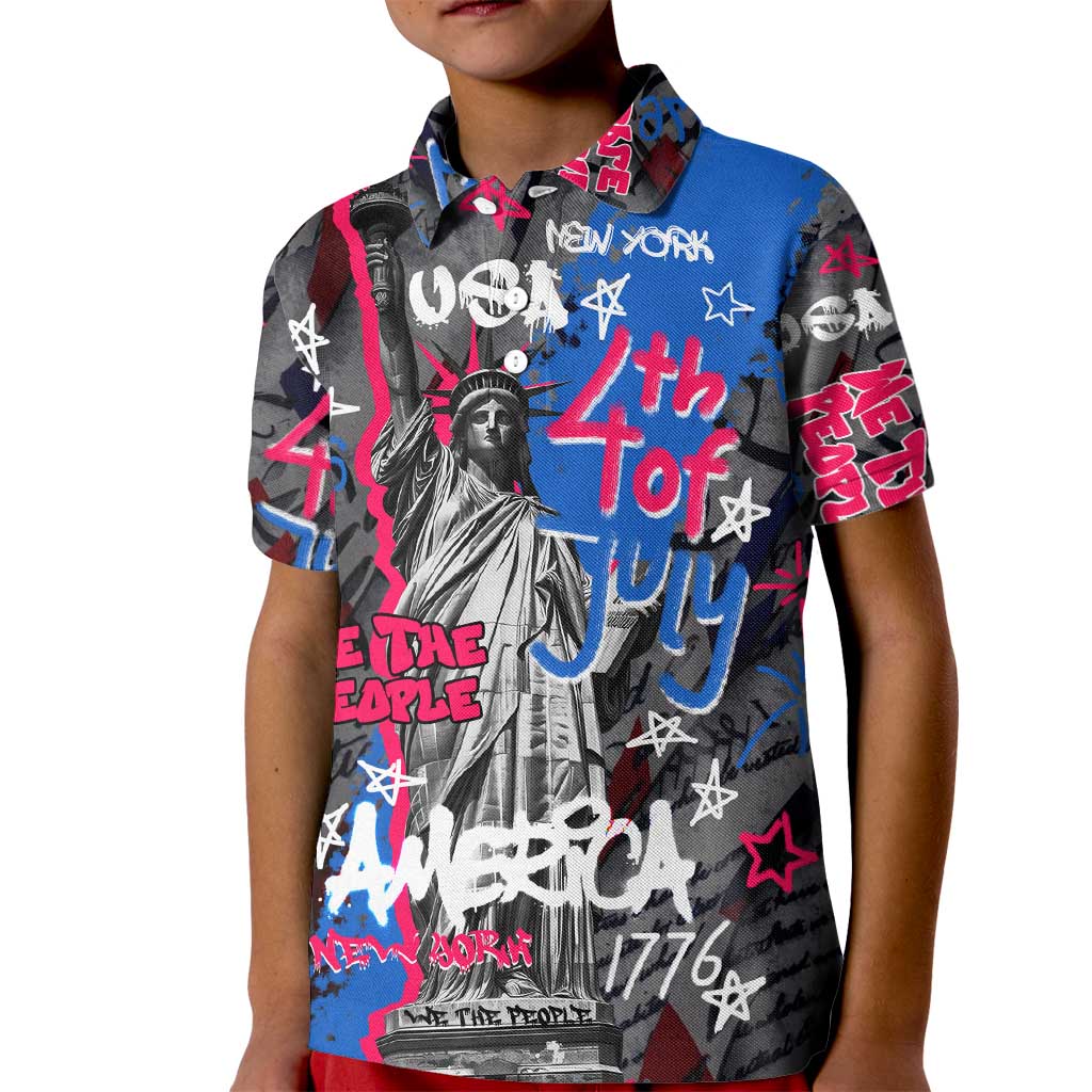 4th of July Graffiti Kid Polo Shirt with Statue of Liberty and American Independence Street Art Design - Wonder Print Shop