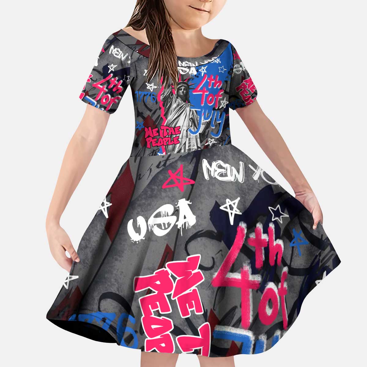 4th of July Graffiti Kid Short Sleeve Dress with Statue of Liberty and American Independence Street Art Design - Wonder Print Shop