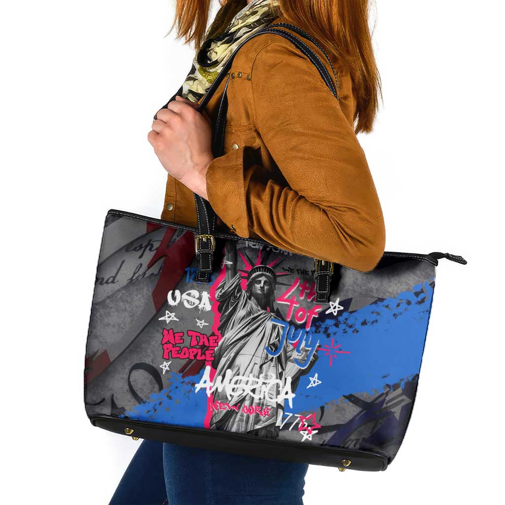 4th of July Graffiti Leather Tote Bag with Statue of Liberty and American Independence Street Art Design - Wonder Print Shop