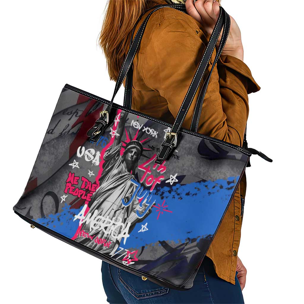 4th of July Graffiti Leather Tote Bag with Statue of Liberty and American Independence Street Art Design - Wonder Print Shop