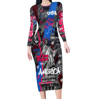 4th of July Graffiti Long Sleeve Bodycon Dress with Statue of Liberty and American Independence Street Art Design - Wonder Print Shop
