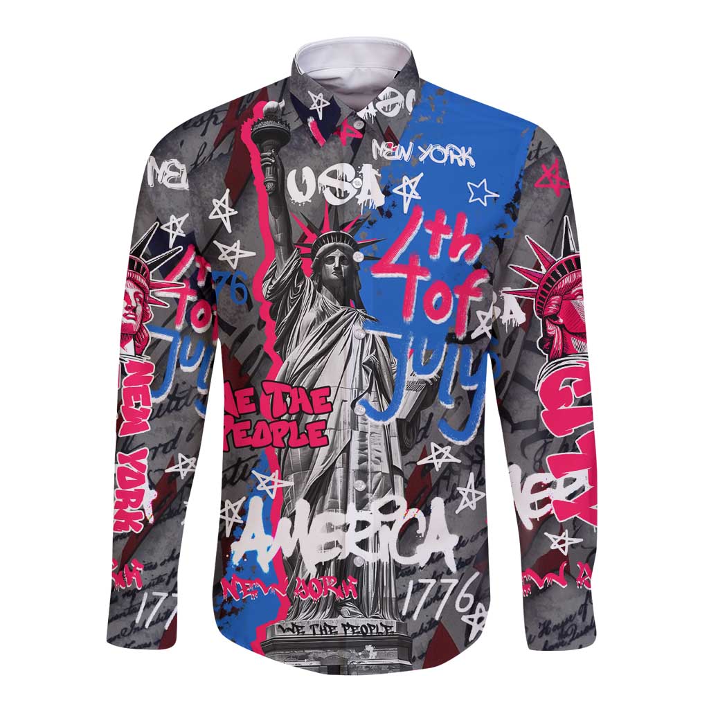 4th of July Graffiti Long Sleeve Button Shirt with Statue of Liberty and American Independence Street Art Design - Wonder Print Shop