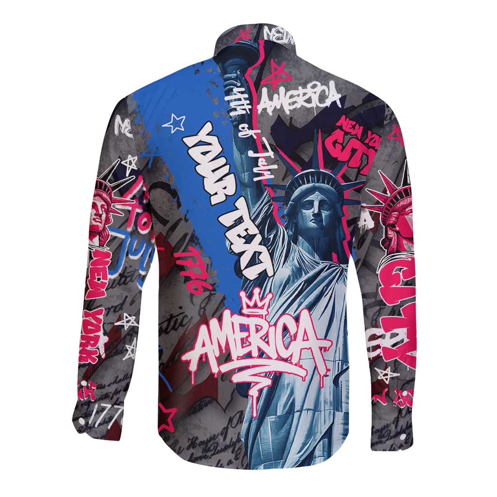 4th of July Graffiti Long Sleeve Button Shirt with Statue of Liberty and American Independence Street Art Design - Wonder Print Shop