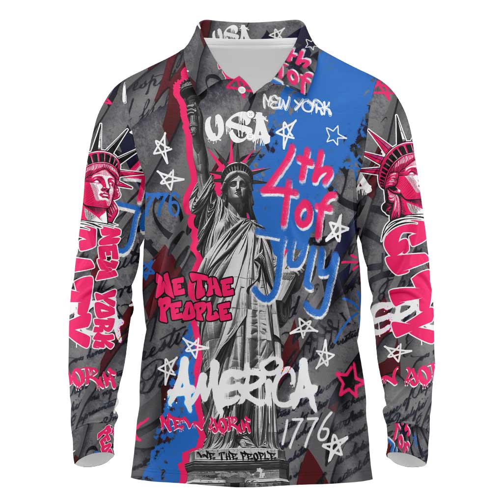 4th of July Graffiti Long Sleeve Polo Shirt with Statue of Liberty and American Independence Street Art Design - Wonder Print Shop