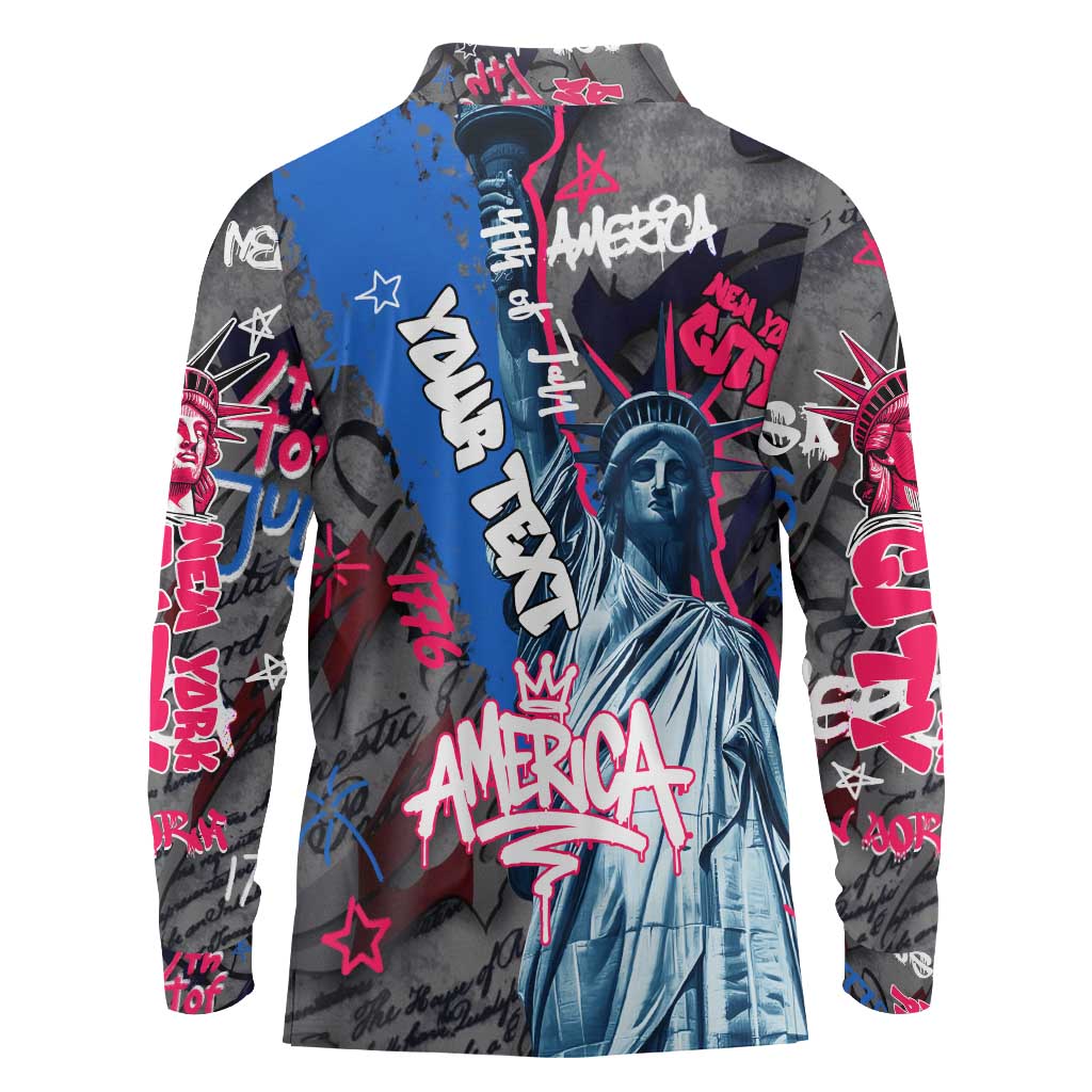 4th of July Graffiti Long Sleeve Polo Shirt with Statue of Liberty and American Independence Street Art Design - Wonder Print Shop