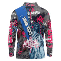 4th of July Graffiti Long Sleeve Polo Shirt with Statue of Liberty and American Independence Street Art Design - Wonder Print Shop
