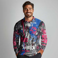 4th of July Graffiti Long Sleeve Polo Shirt with Statue of Liberty and American Independence Street Art Design - Wonder Print Shop