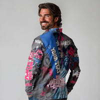 4th of July Graffiti Long Sleeve Polo Shirt with Statue of Liberty and American Independence Street Art Design - Wonder Print Shop