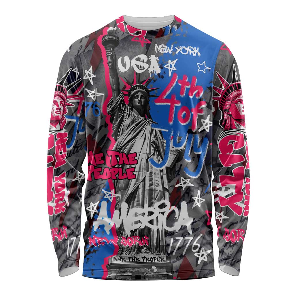 4th of July Graffiti Long Sleeve Shirt with Statue of Liberty and American Independence Street Art Design - Wonder Print Shop