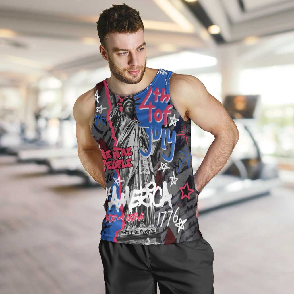 4th of July Graffiti Men Tank Top with Statue of Liberty and American Independence Street Art Design - Wonder Print Shop