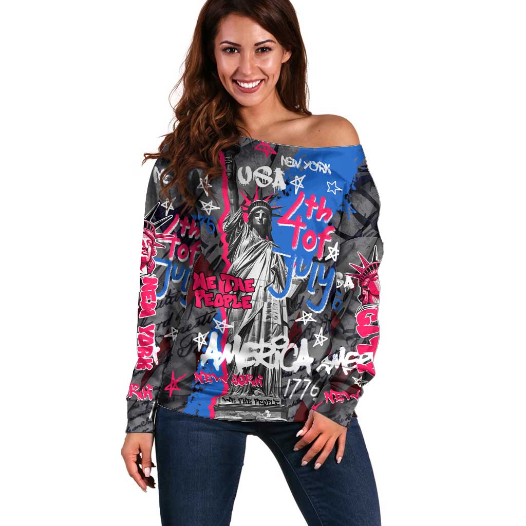 4th of July Graffiti Off Shoulder Sweater with Statue of Liberty and American Independence Street Art Design - Wonder Print Shop