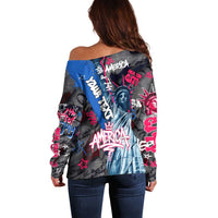4th of July Graffiti Off Shoulder Sweater with Statue of Liberty and American Independence Street Art Design - Wonder Print Shop