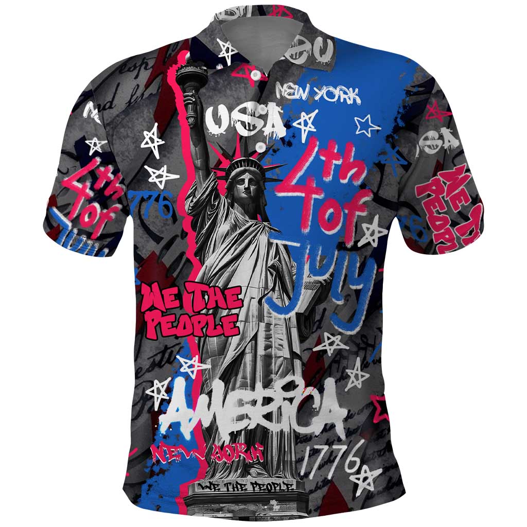 4th of July Graffiti Polo Shirt with Statue of Liberty and American Independence Street Art Design - Wonder Print Shop