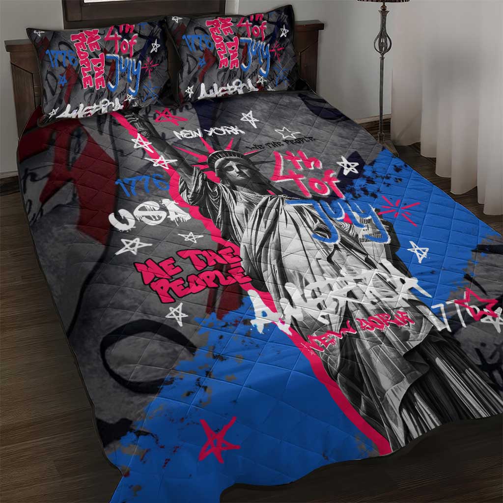 4th of July Graffiti Quilt Bed Set with Statue of Liberty and American Independence Street Art Design - Wonder Print Shop