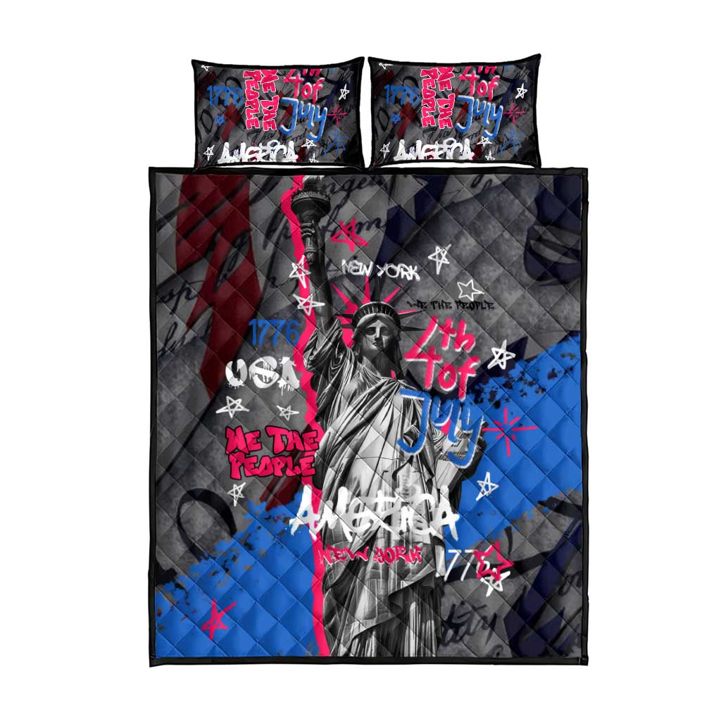 4th of July Graffiti Quilt Bed Set with Statue of Liberty and American Independence Street Art Design - Wonder Print Shop