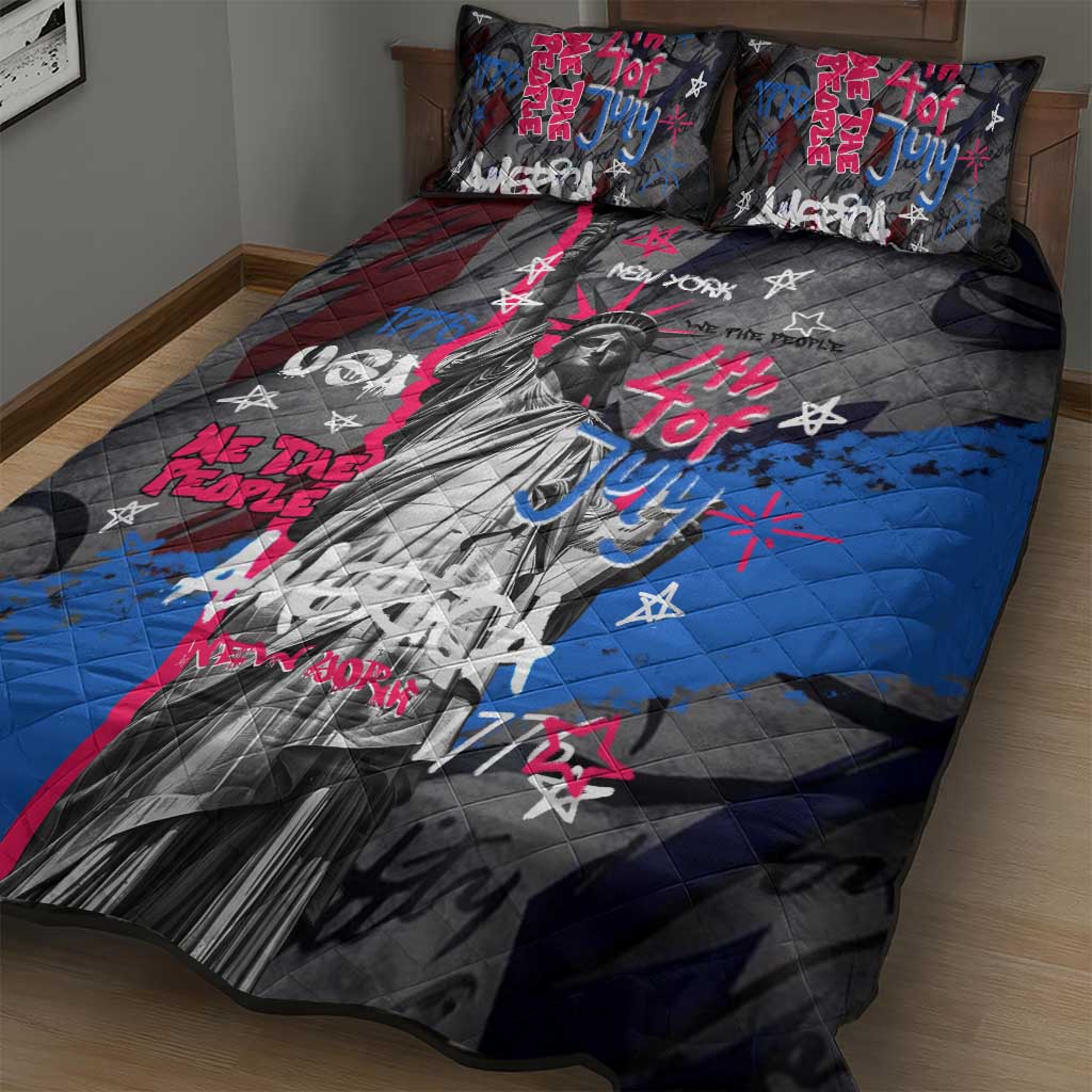 4th of July Graffiti Quilt Bed Set with Statue of Liberty and American Independence Street Art Design - Wonder Print Shop