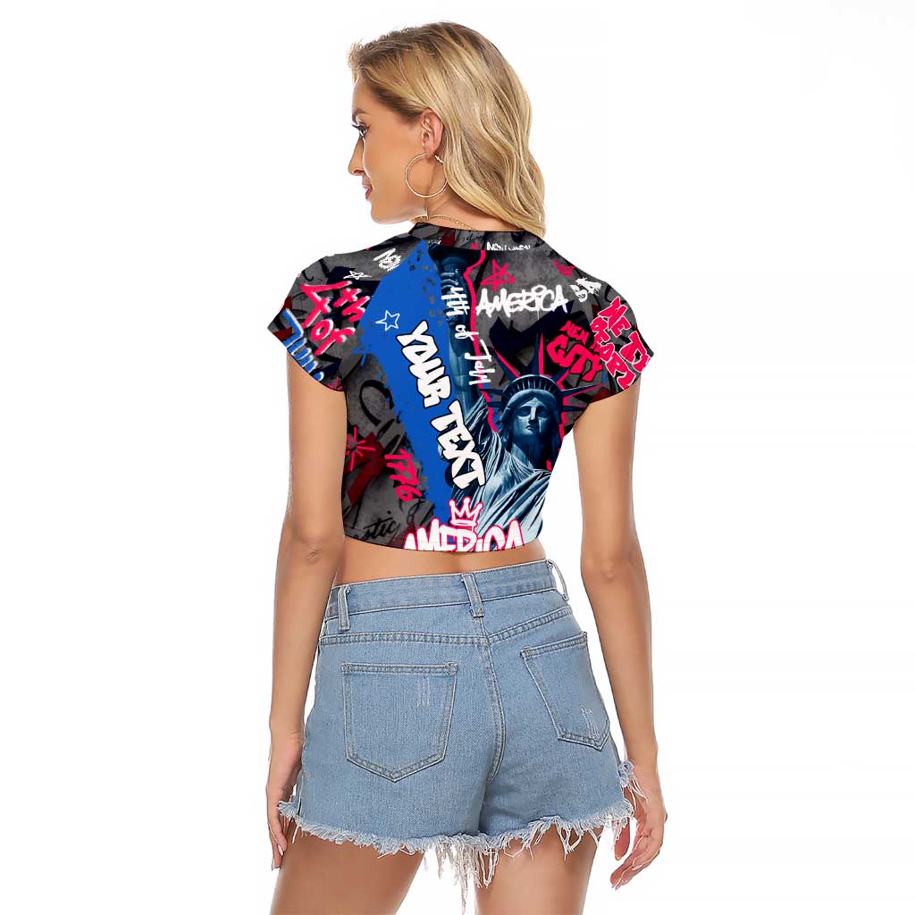 4th of July Graffiti Raglan Cropped T Shirt with Statue of Liberty and American Independence Street Art Design - Wonder Print Shop