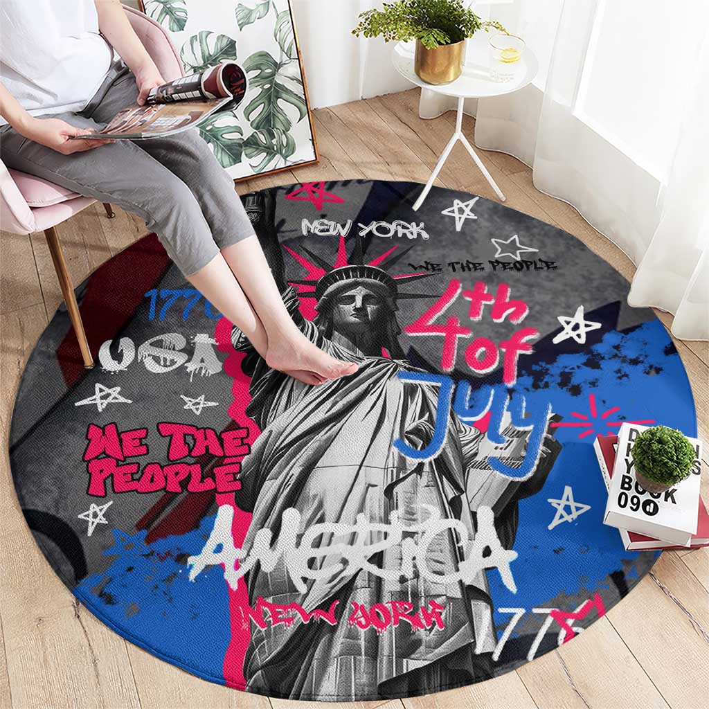 4th of July Graffiti Round Carpet with Statue of Liberty and American Independence Street Art Design - Wonder Print Shop