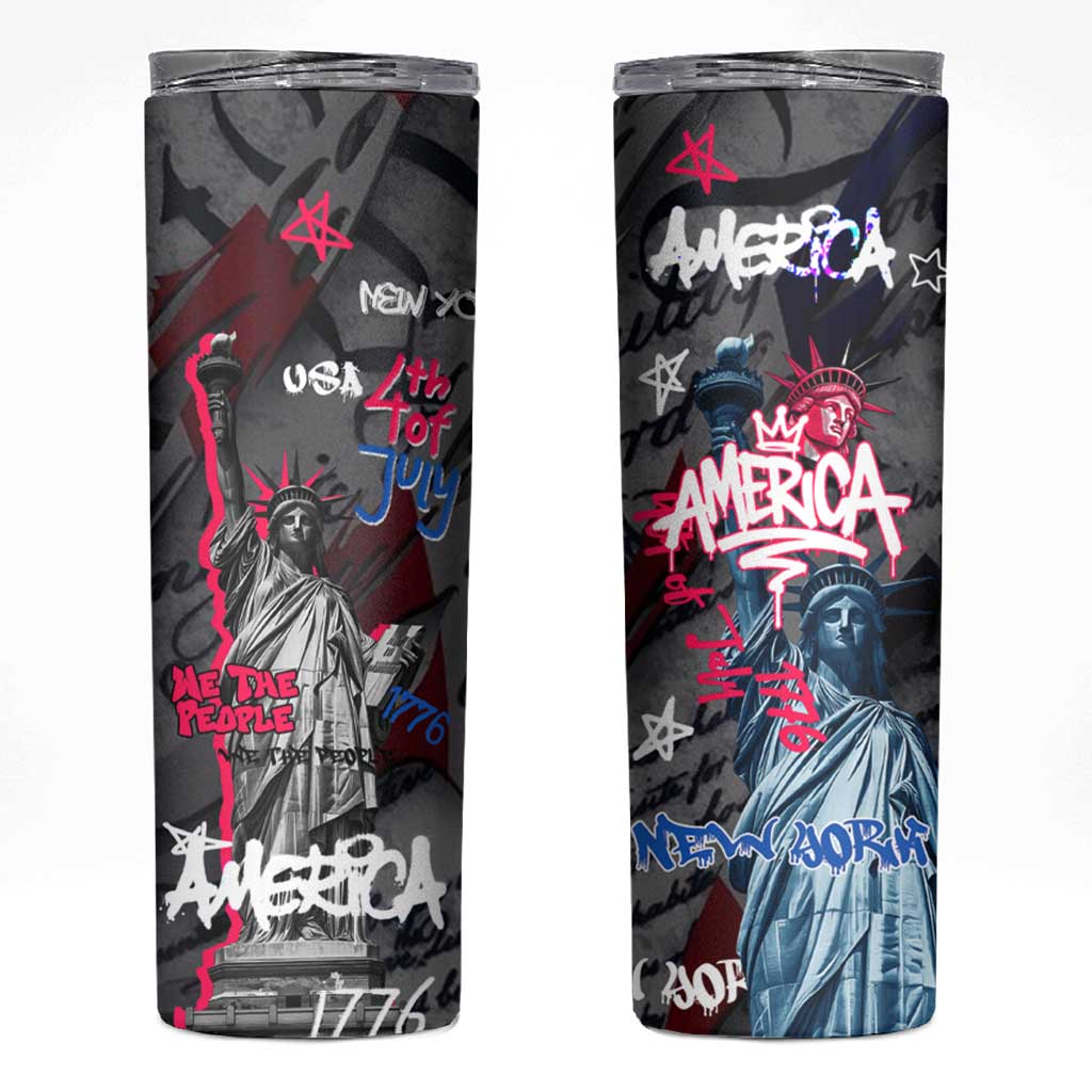 4th of July Graffiti Skinny Tumbler with Statue of Liberty and American Independence Street Art Design - Wonder Print Shop