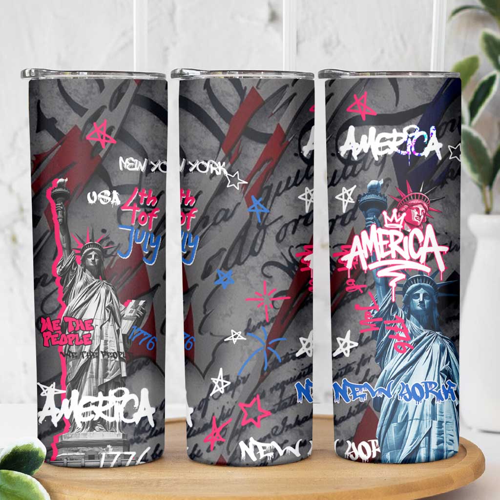 4th of July Graffiti Skinny Tumbler with Statue of Liberty and American Independence Street Art Design - Wonder Print Shop