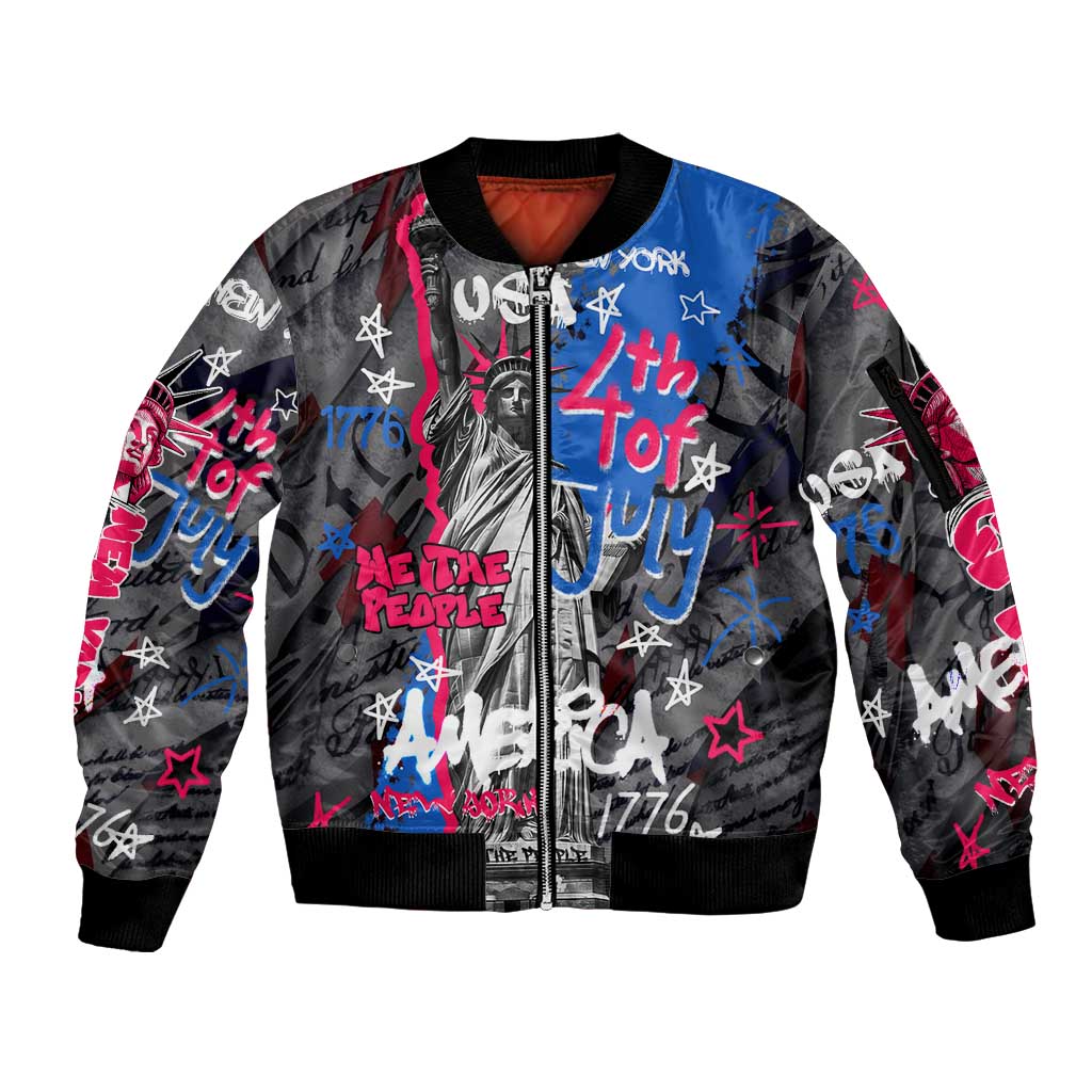 4th of July Graffiti Sleeve Zip Bomber Jacket with Statue of Liberty and American Independence Street Art Design - Wonder Print Shop