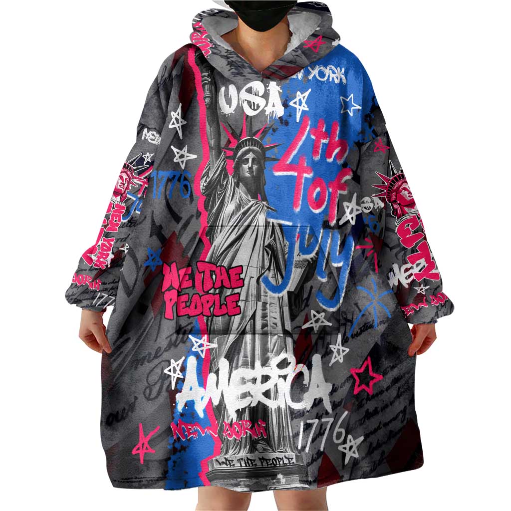 4th of July Graffiti Wearable Blanket Hoodie with Statue of Liberty and American Independence Street Art Design - Wonder Print Shop