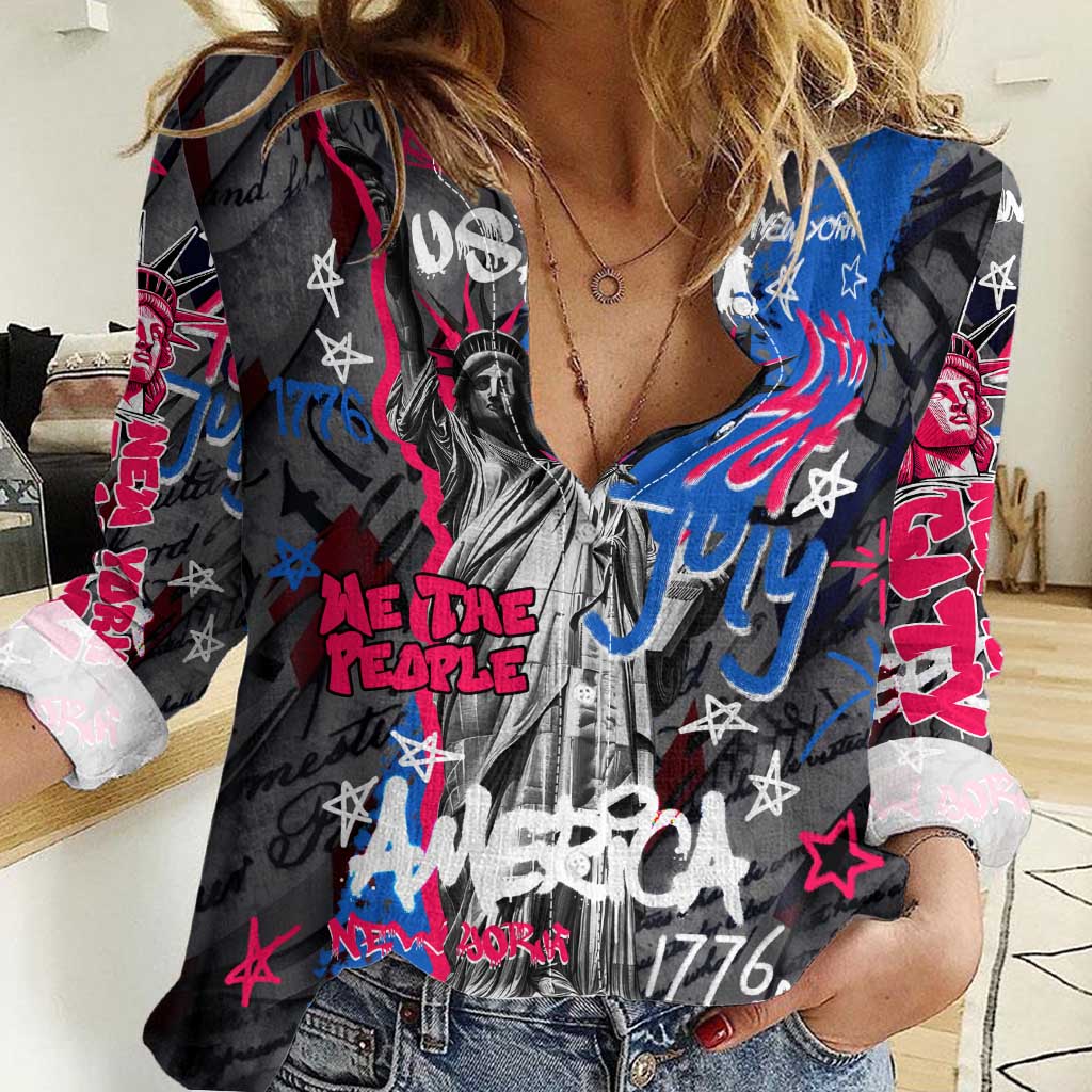 4th of July Graffiti Women Casual Shirt with Statue of Liberty and American Independence Street Art Design - Wonder Print Shop