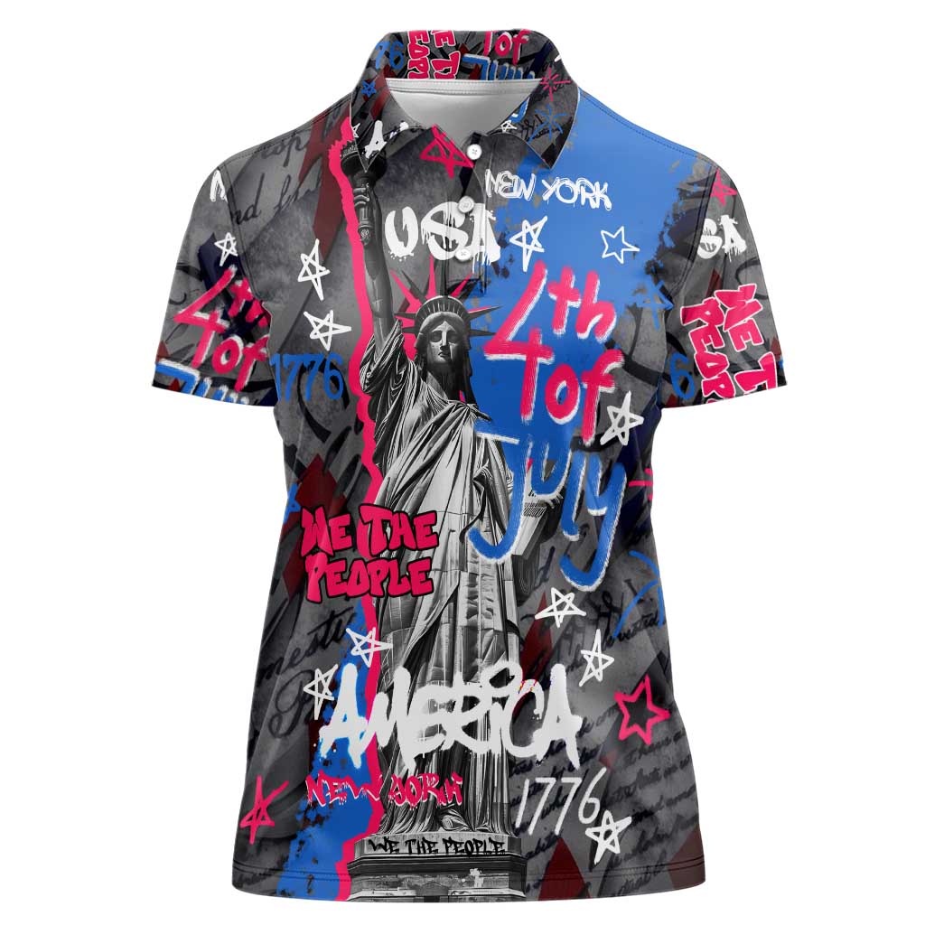 4th of July Graffiti Women Polo Shirt with Statue of Liberty and American Independence Street Art Design - Wonder Print Shop