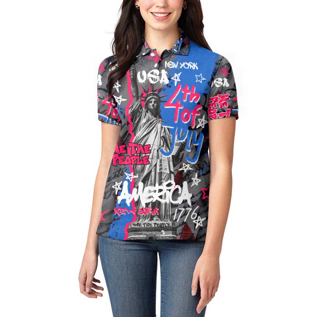 4th of July Graffiti Women Polo Shirt with Statue of Liberty and American Independence Street Art Design - Wonder Print Shop