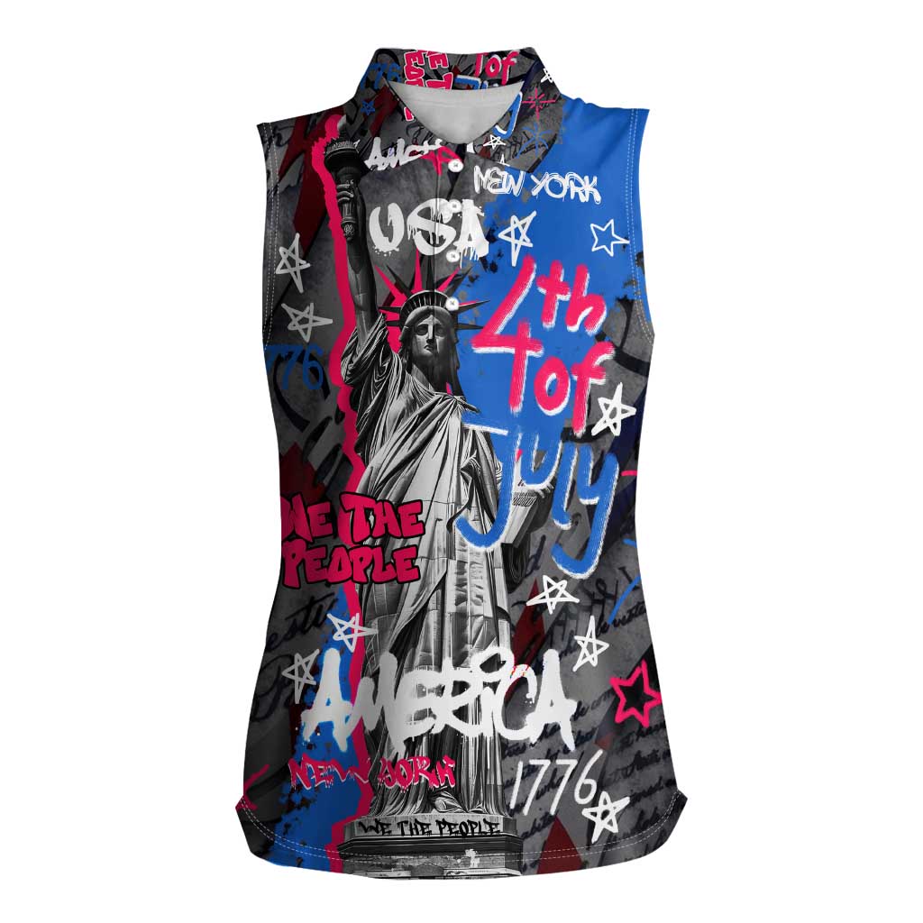 4th of July Graffiti Women Sleeveless Polo Shirt with Statue of Liberty and American Independence Street Art Design - Wonder Print Shop