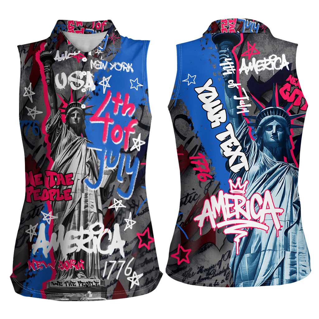 4th of July Graffiti Women Sleeveless Polo Shirt with Statue of Liberty and American Independence Street Art Design - Wonder Print Shop