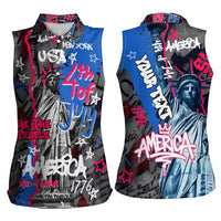 4th of July Graffiti Women Sleeveless Polo Shirt with Statue of Liberty and American Independence Street Art Design - Wonder Print Shop