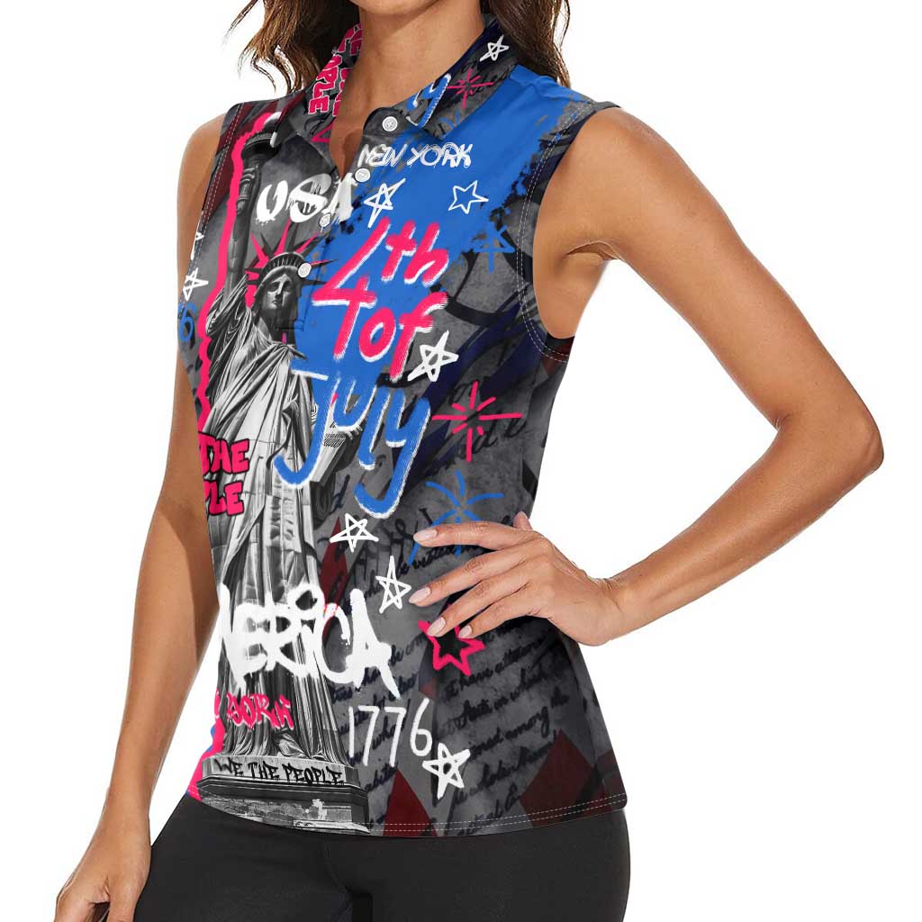 4th of July Graffiti Women Sleeveless Polo Shirt with Statue of Liberty and American Independence Street Art Design - Wonder Print Shop
