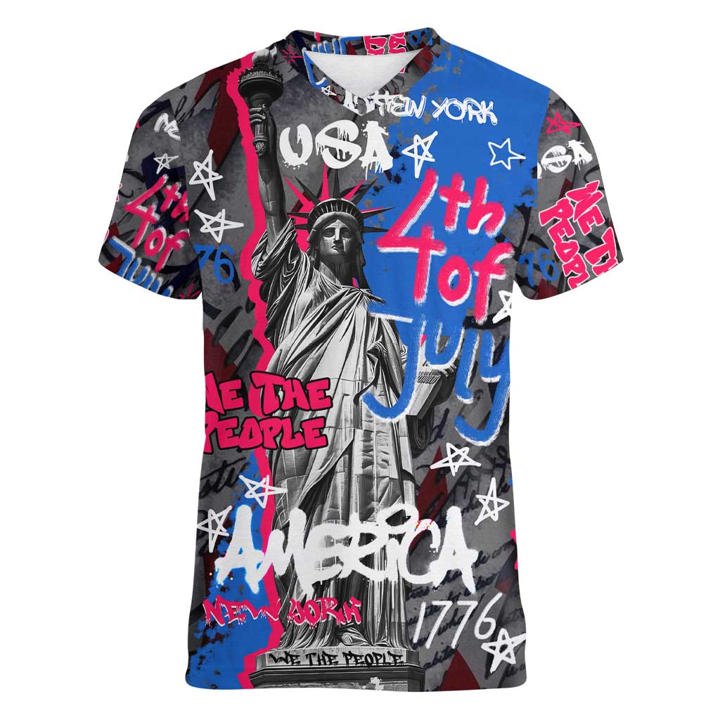 4th of July Graffiti Women V-Neck T-Shirt with Statue of Liberty and American Independence Street Art Design - Wonder Print Shop