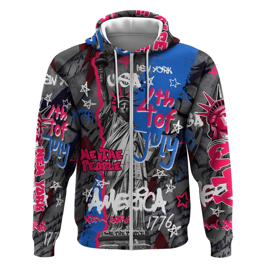 4th of July Graffiti Zip Hoodie with Statue of Liberty and American Independence Street Art Design - Wonder Print Shop