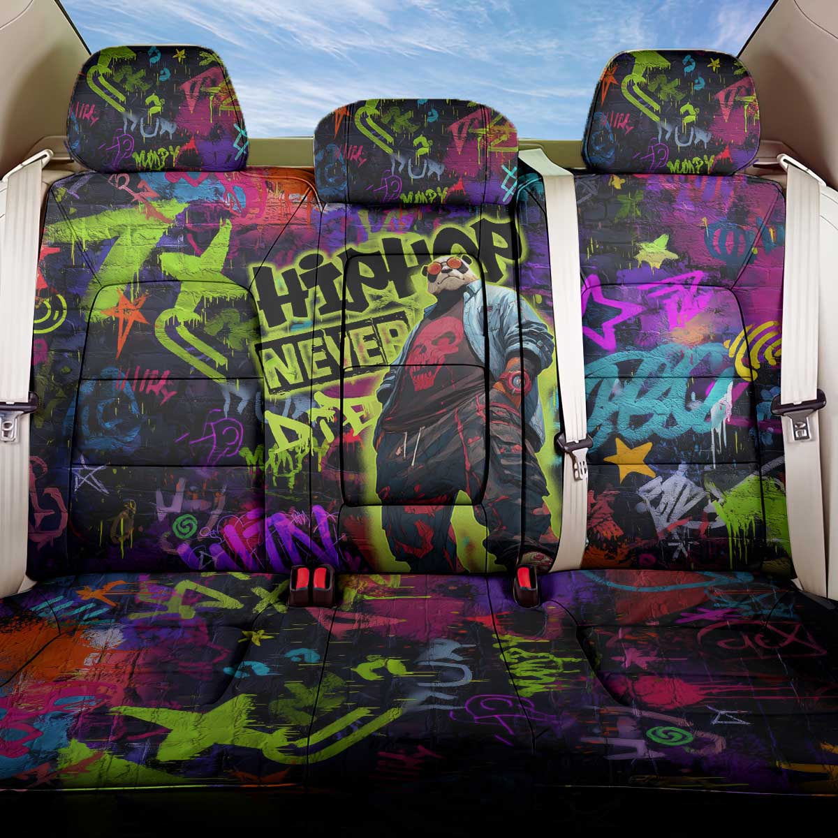 Graffiti Hip Hop Back Car Seat Cover with Neon Bear and Street Artist Panda Design - Wonder Print Shop