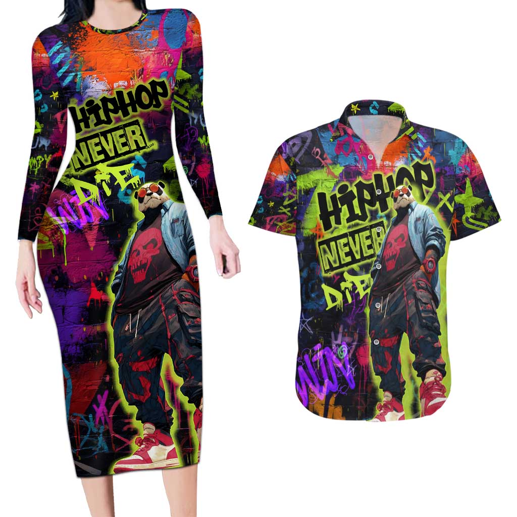 Graffiti Hip Hop Couples Matching Long Sleeve Bodycon Dress and Hawaiian Shirt with Neon Bear and Street Artist Panda Design - Wonder Print Shop