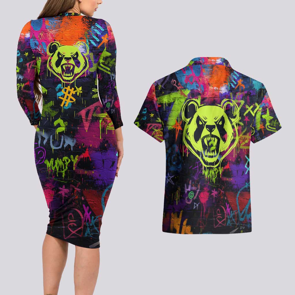 Graffiti Hip Hop Couples Matching Long Sleeve Bodycon Dress and Hawaiian Shirt with Neon Bear and Street Artist Panda Design - Wonder Print Shop