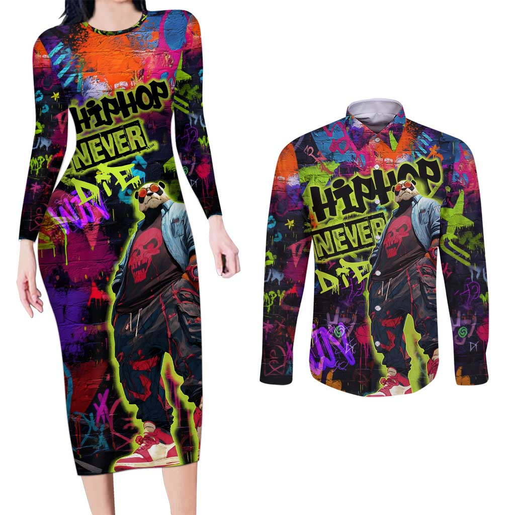 Graffiti Hip Hop Couples Matching Long Sleeve Bodycon Dress and Long Sleeve Button Shirt with Neon Bear and Street Artist Panda Design - Wonder Print Shop