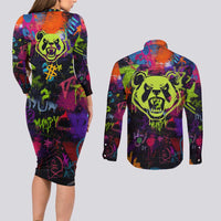 Graffiti Hip Hop Couples Matching Long Sleeve Bodycon Dress and Long Sleeve Button Shirt with Neon Bear and Street Artist Panda Design - Wonder Print Shop