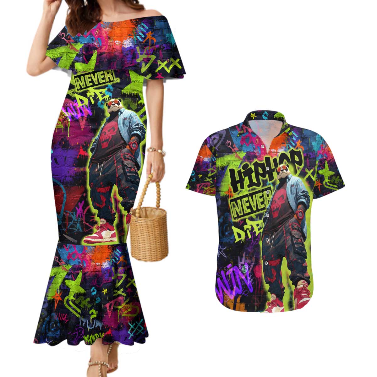 Graffiti Hip Hop Couples Matching Mermaid Dress and Hawaiian Shirt with Neon Bear and Street Artist Panda Design - Wonder Print Shop